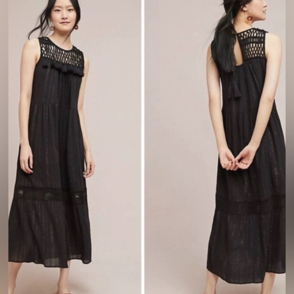Anthropologie Black Crochet Yoke Maxi Dress